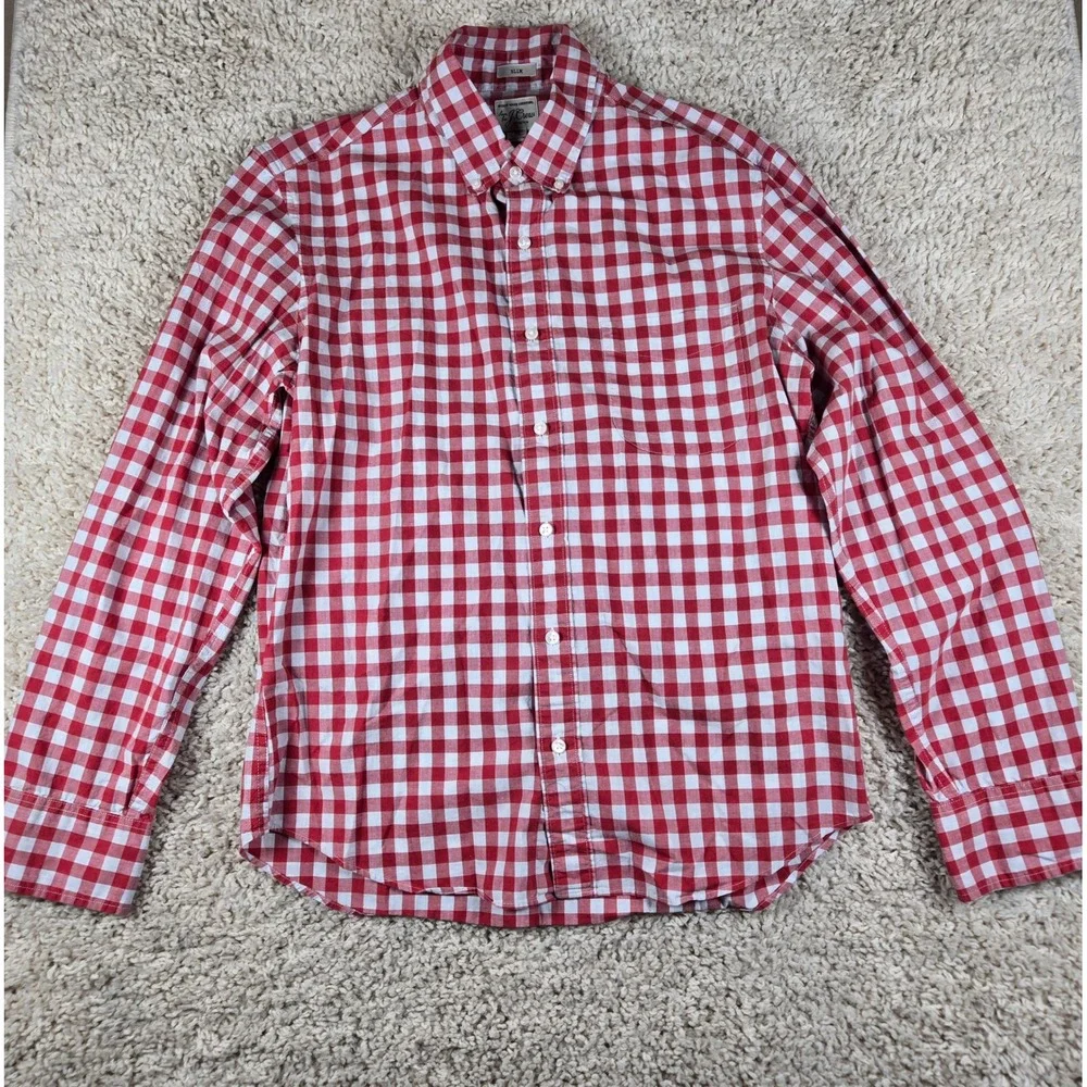 JCrew Mens Secret Wash Stretch Shirt Medium Short Slim Red White Gingham Check